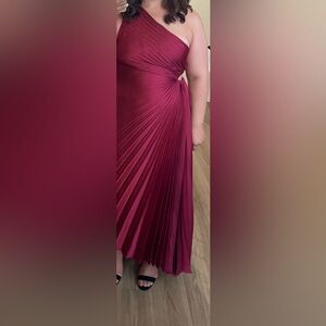 Nicole Miller One-Shoulder Pleated Burgundy Dress